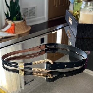 BCBGMaxAzria Black Leather Double-Strap Belt with Gold Textured Buckle